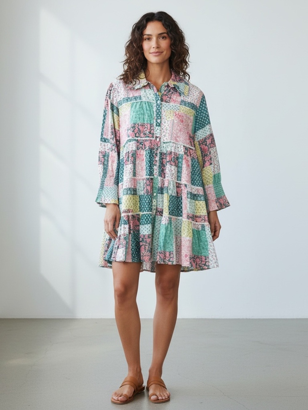 Simply Southern Patchwork Mini Dress in Pastel Pink, Green, Yellow